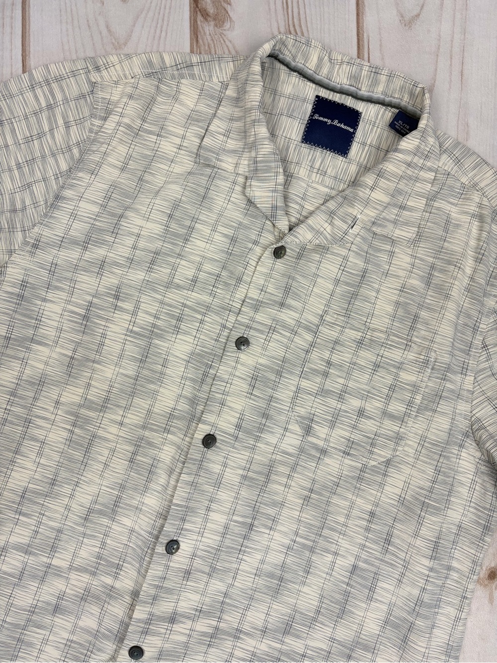Tommy Bahama Short-Sleeve Silk Button Up Shirt Cream/Blue Pattern Sz XL